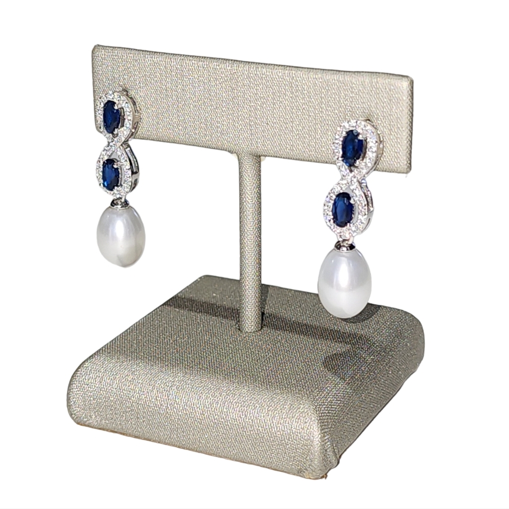 925S Blue Gemstones Stud Earrings With Cultured Freshwater Pearl and Zirconia - Picture 4 of 16